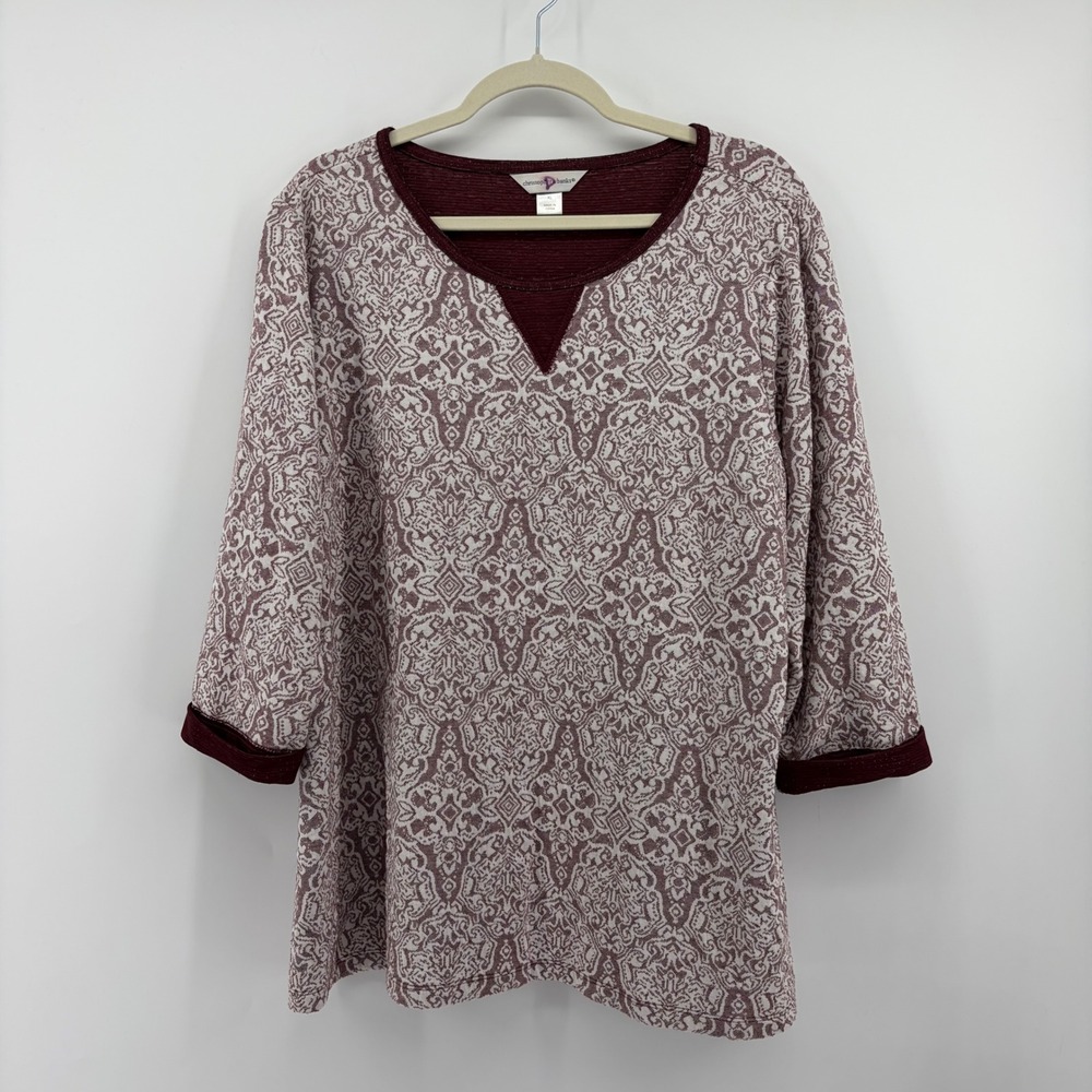 Christopher & Banks Womens XL‎ Burgundy Damask Print 3/4 Sleeve V-Neck Top